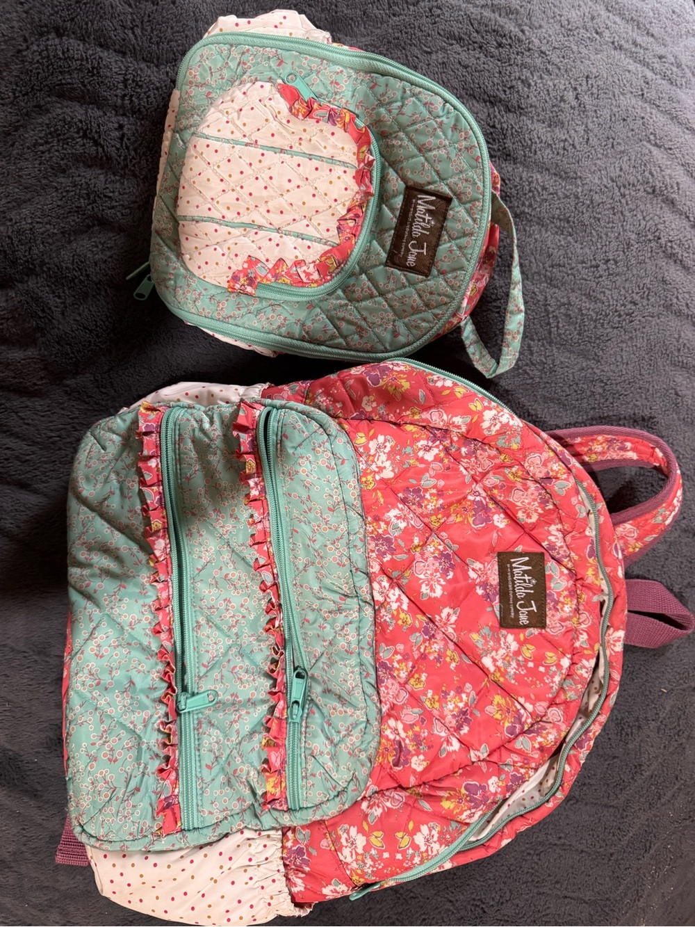Matilda Jane Quilted Kids Backpack Set in Coral & Mint